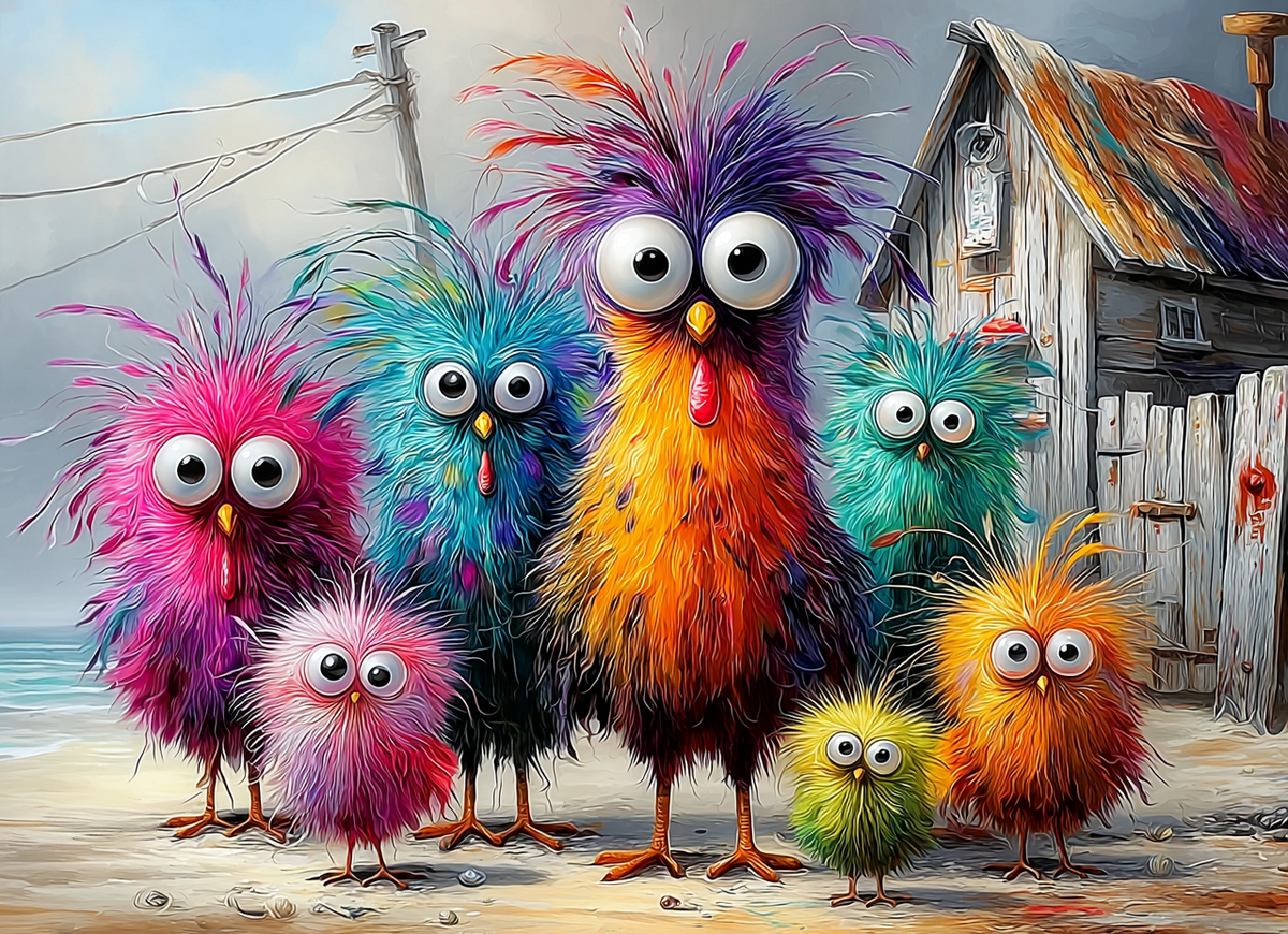 Beach Chicken Coop — colorful fluffy chicken family gathered at a beach coop