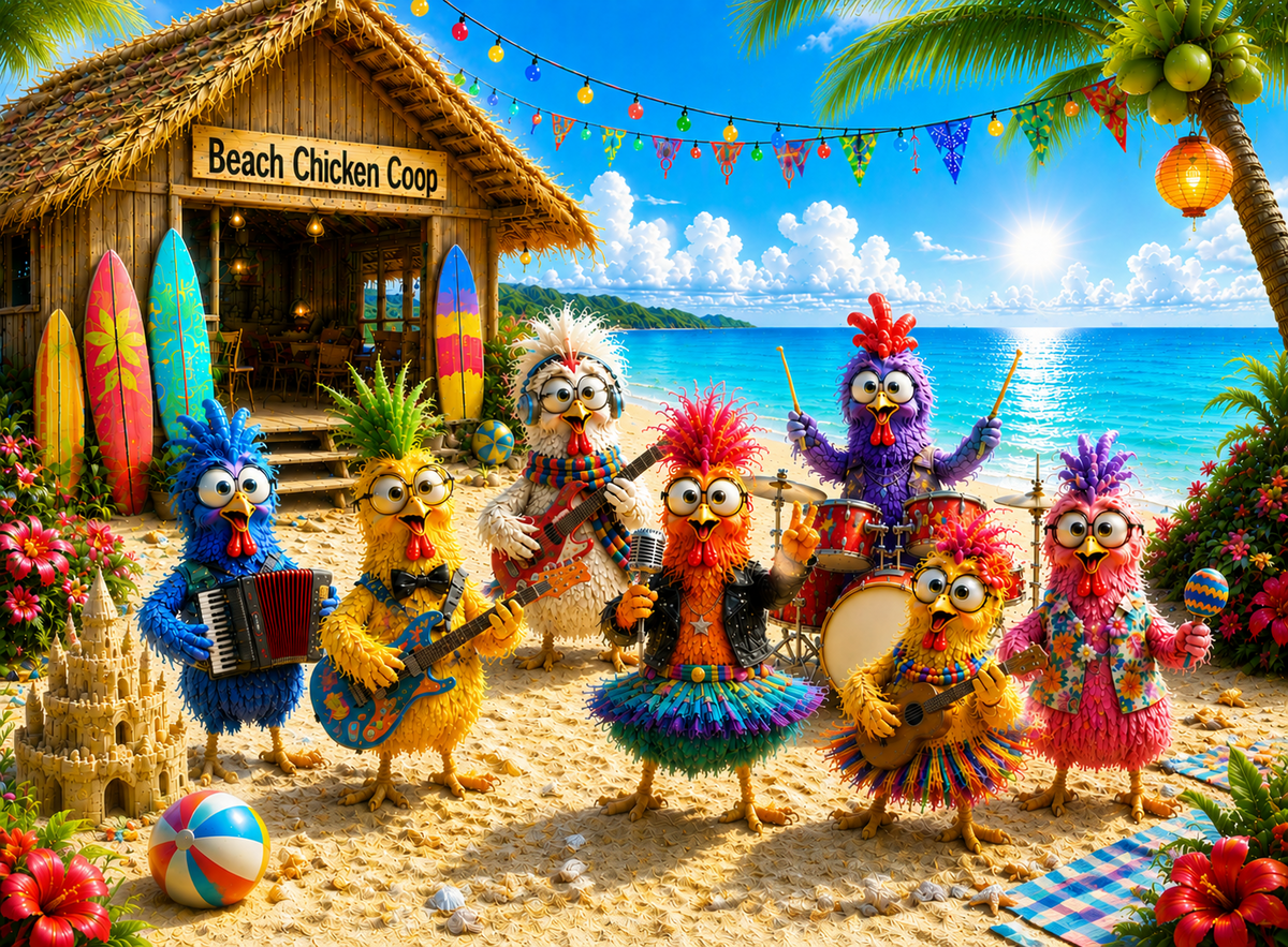 Coop Concert — beachside chicken band performing beside a seaside coop