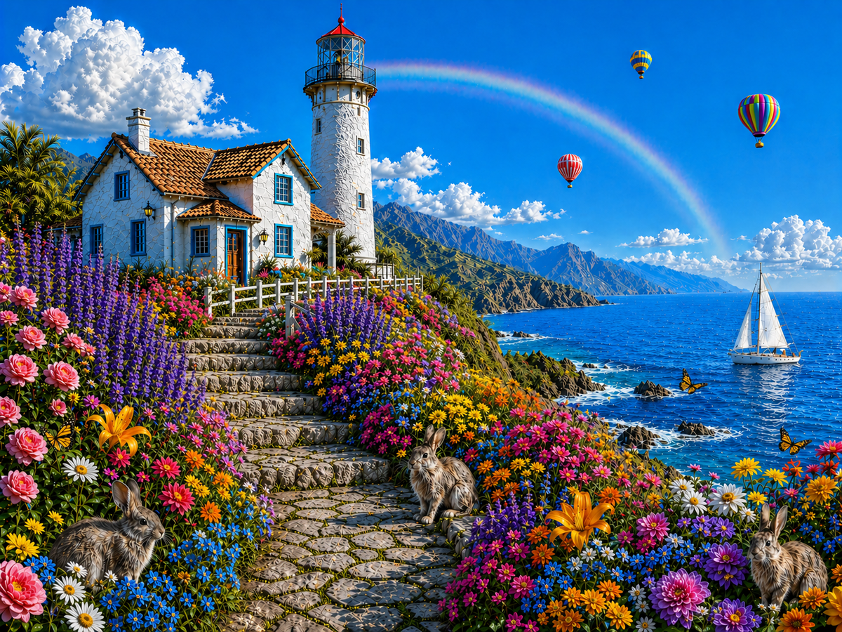 Dreamy Seaside Lighthouse — colorful coastal lighthouse above a dreamy seaside village